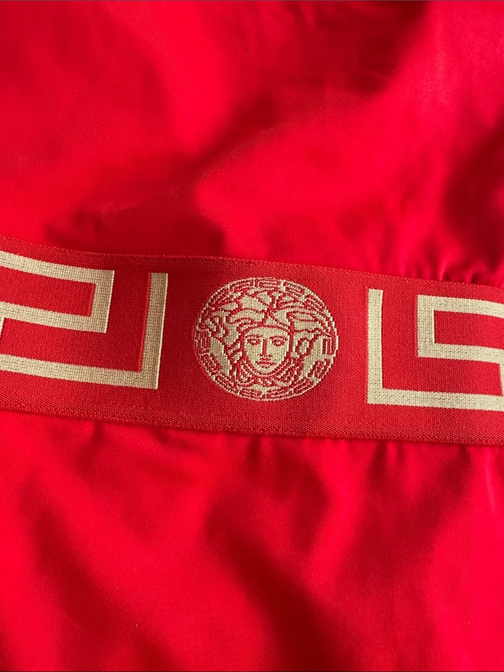 Versace Red One-Piece Swimsuit with Gold Greek Key Waistband